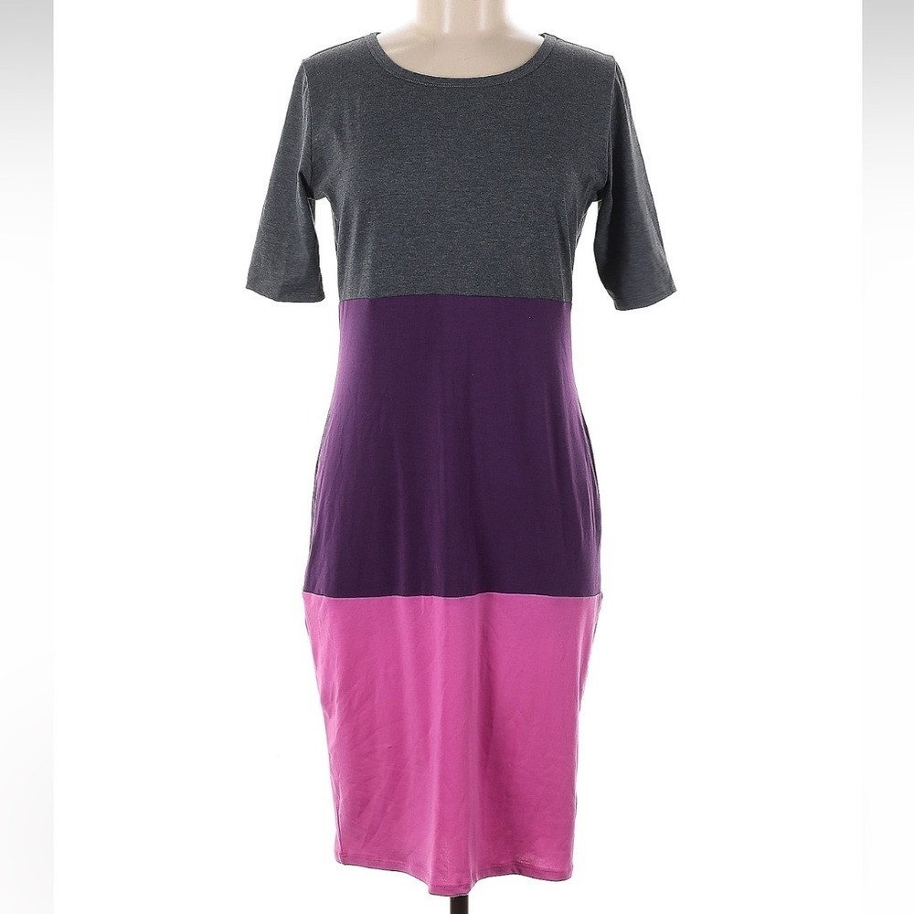 LuLaRoe Julia Gray Purple Pink Color Block Fitted Sheath Midi Dress Size Medium